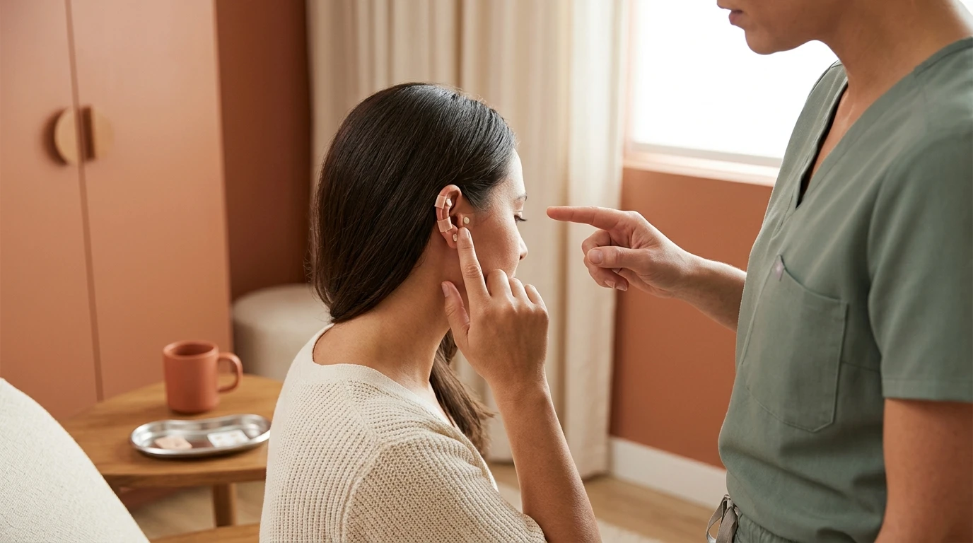 Patient pressing an ear seed while a practitioner shows how to use it