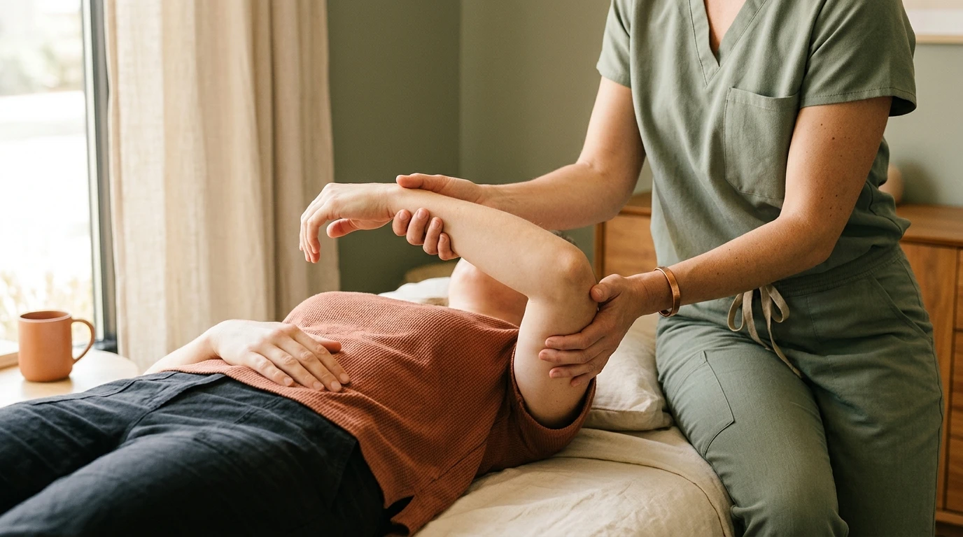 Practitioner gently moving a patient's arm to improve range of motion in a frozen shoulder