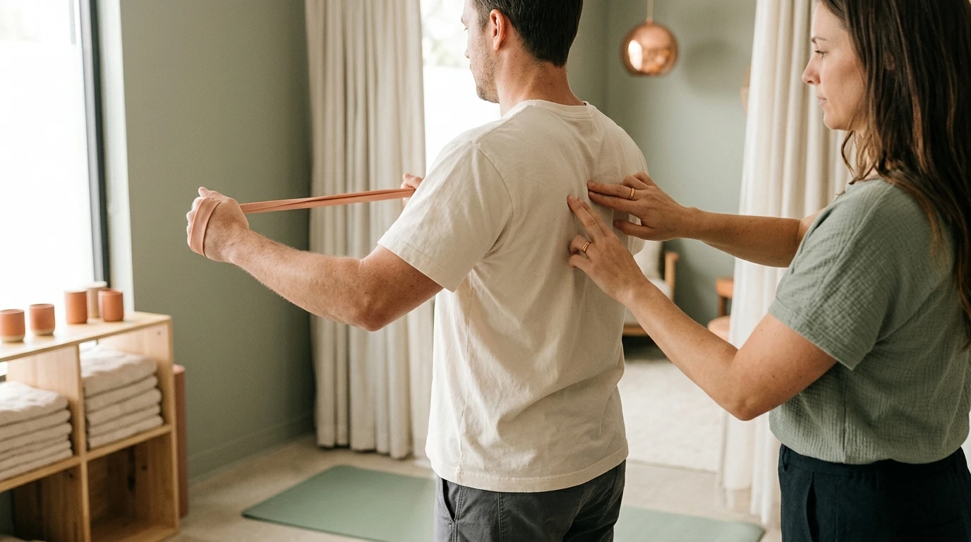 Practitioner coaching a patient through a resistance band upper-back exercise for chronic neck pain