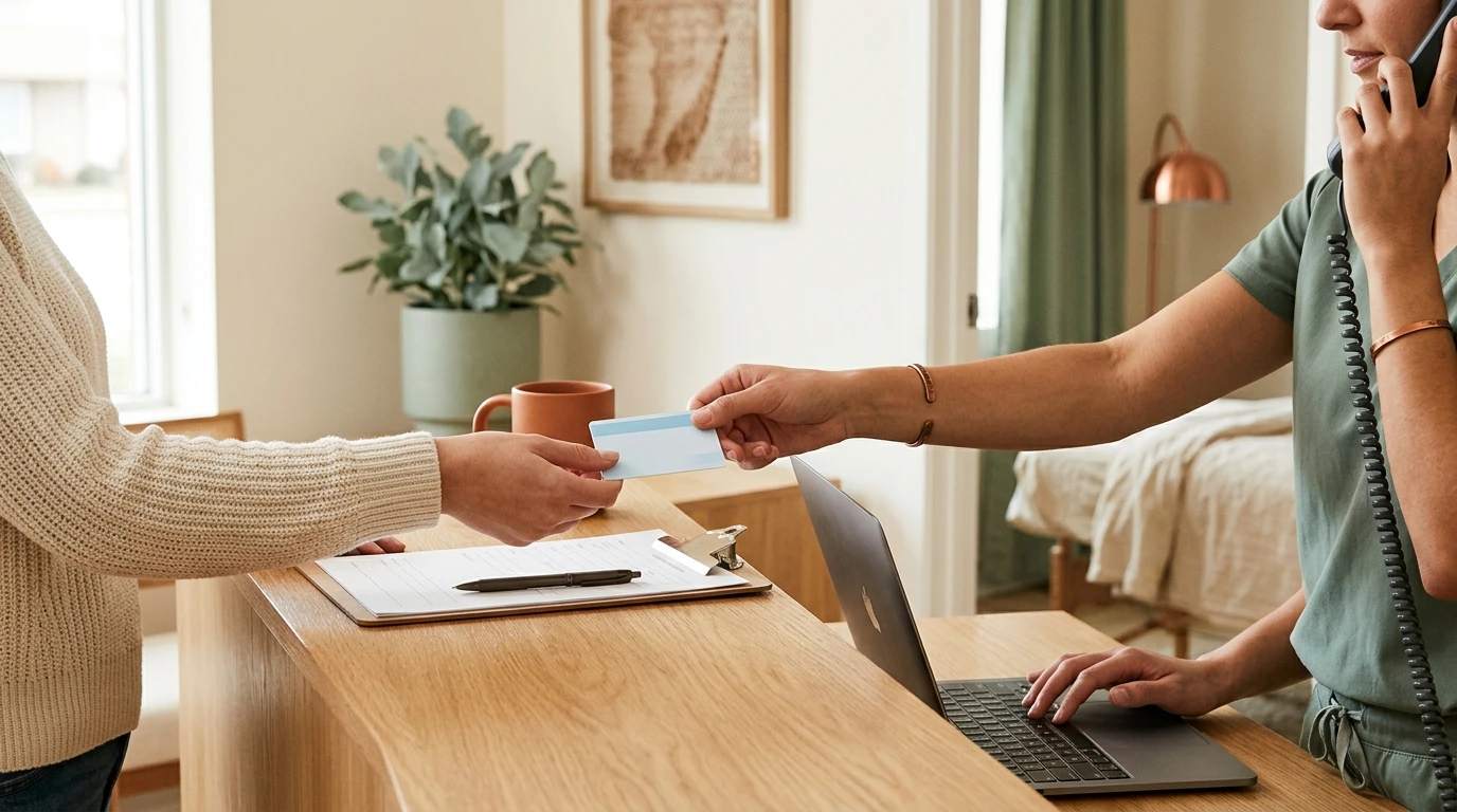 Patient handing an insurance card to clinic staff to verify acupuncture coverage