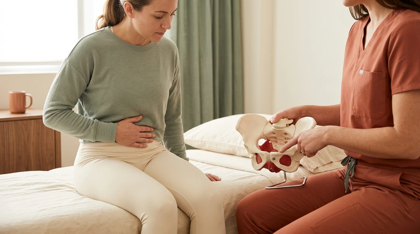 Pelvic floor therapist teaching a seated woman to find her pelvic floor muscles before a Kegel