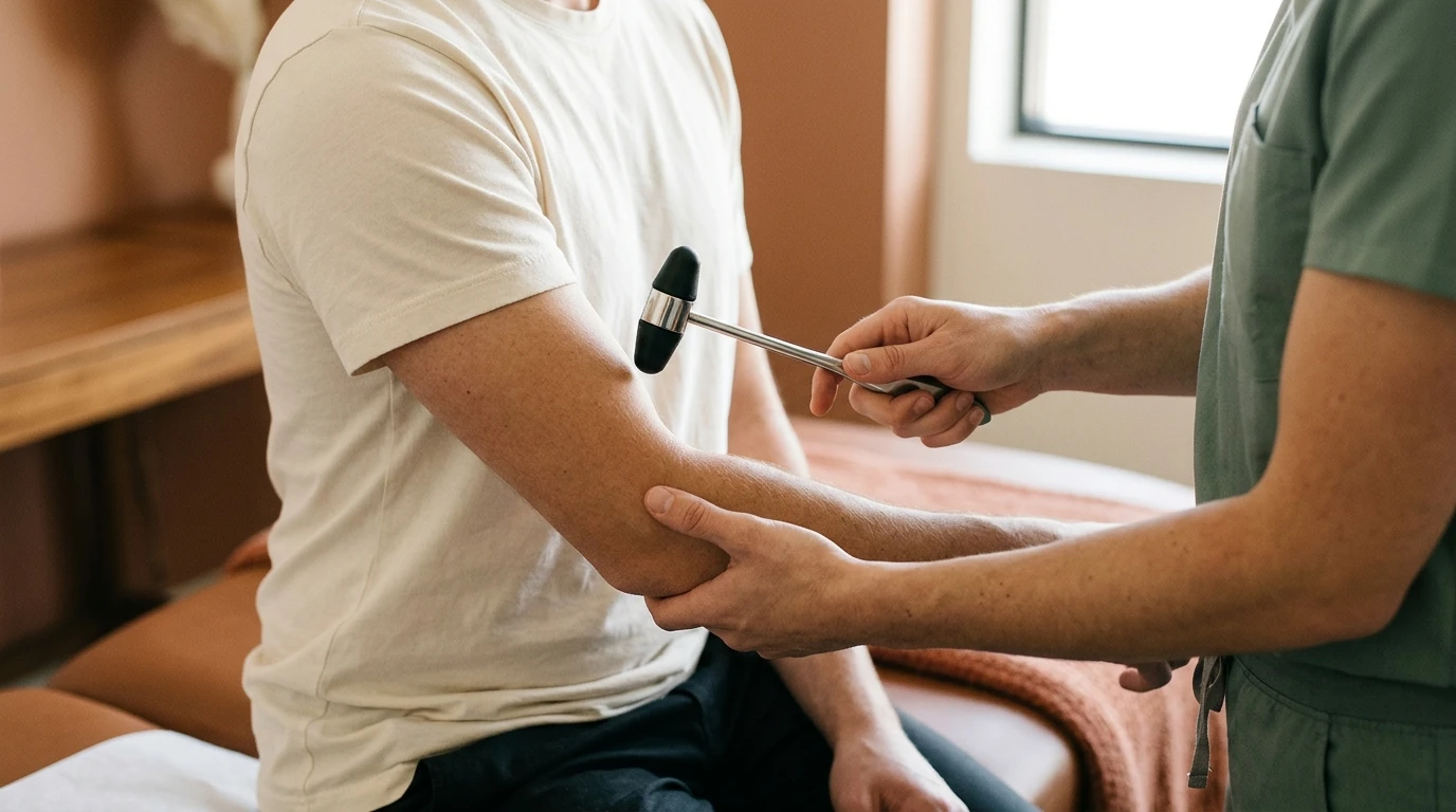 Clinician testing a seated patient's biceps reflex during a neck pain screening exam