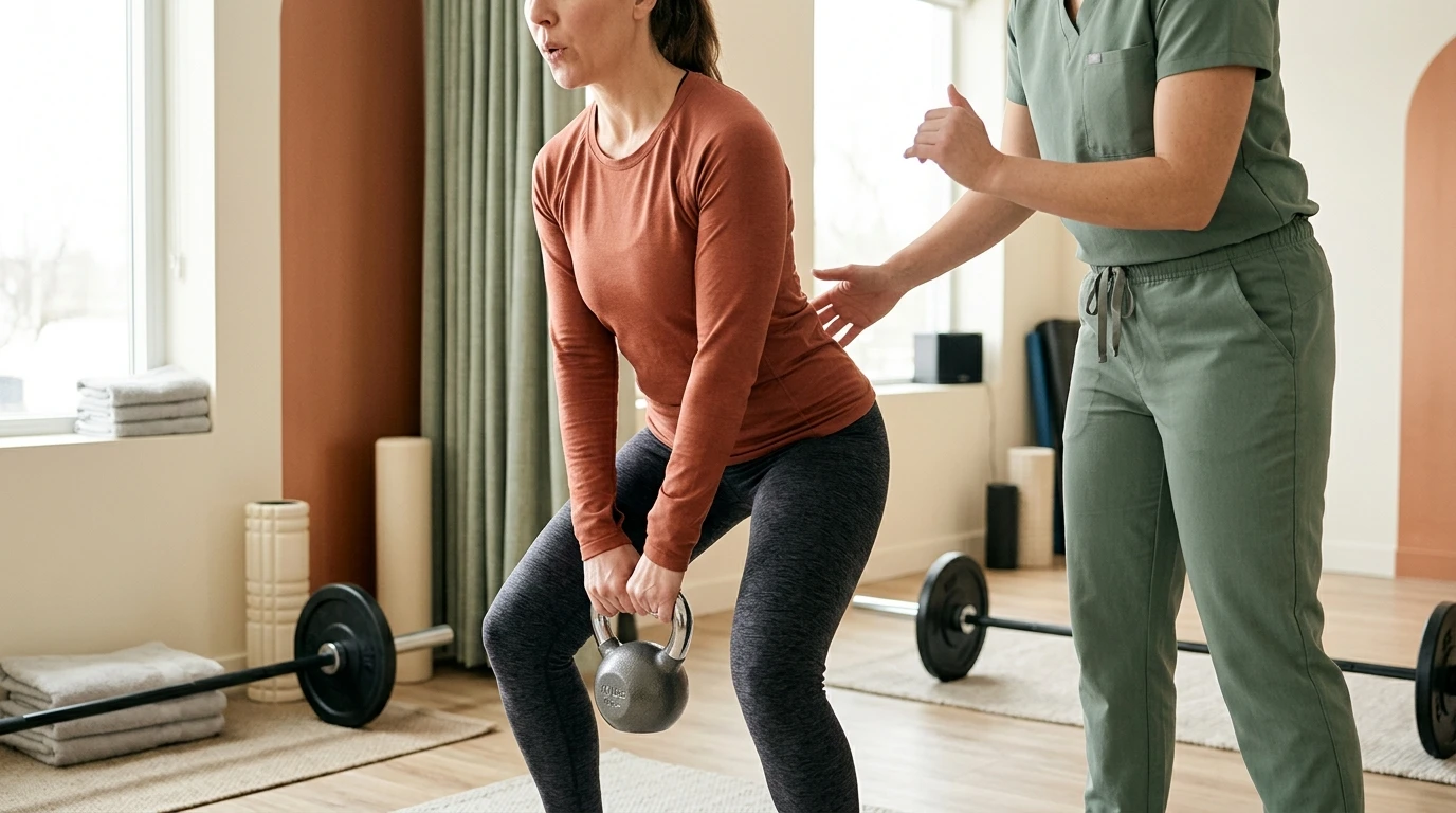 Woman lifting a light kettlebell close to her body in a supported mini squat
