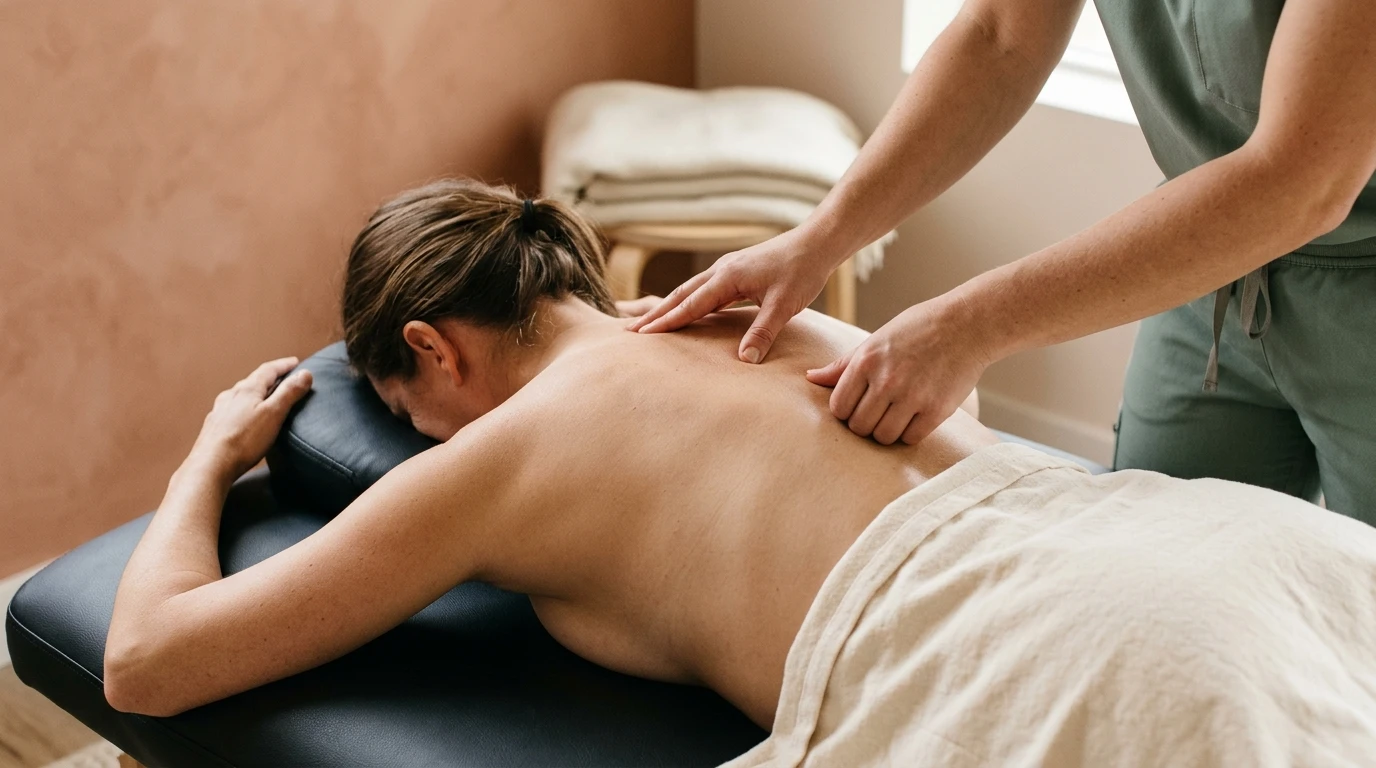 Chiropractor examining a patient's upper back to check whether shoulder pain starts in the neck