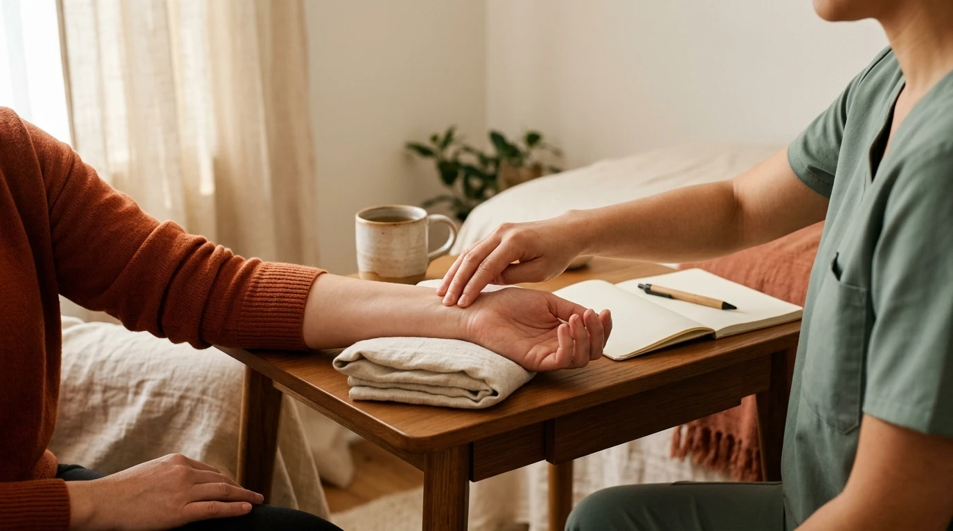 Chinese medicine practitioner taking a patient's pulse with three fingertips during an intake