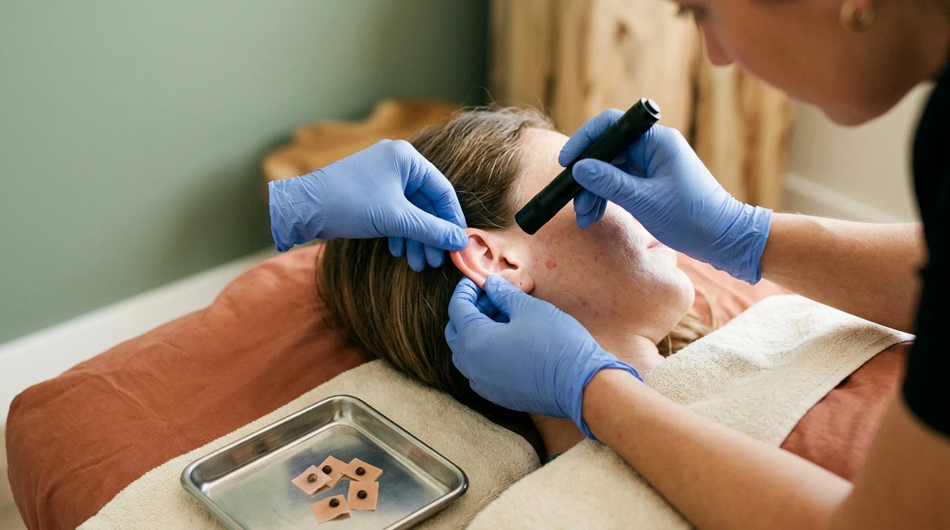 Practitioner checking the ear skin with a penlight after ear seeds are removed
